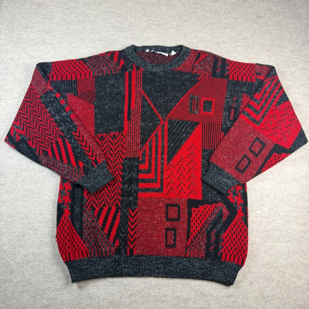 Pronto Uomo Vintage Made in Italy Red Grey Geometric Abstract Knit Sweater XL